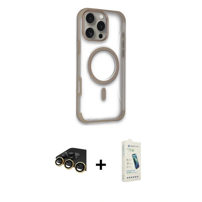 MARSİLYAN™- iPhone 14 Pro Max Kılıf Eksen Klasik Koleksiyonu - Şeffaf Pasifik Cam Ekran Koruyucu + Raze Metal Kamera Lens - GD