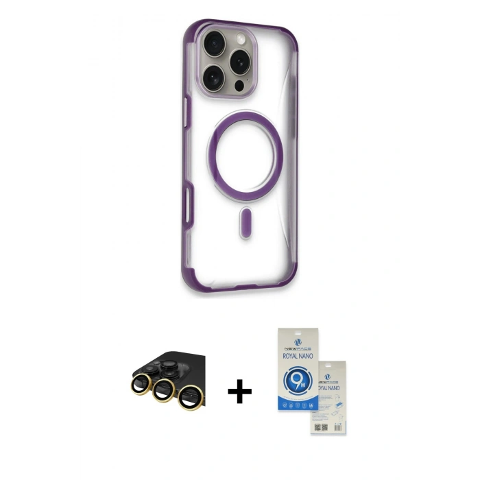 MARSİLYAN™- iPhone 14 Pro Max Kılıf Eksen Klasik Koleksiyonu - Şeffaf Royal Nano Ekran Koruyucu + Raze Metal Kamera Lens - GD