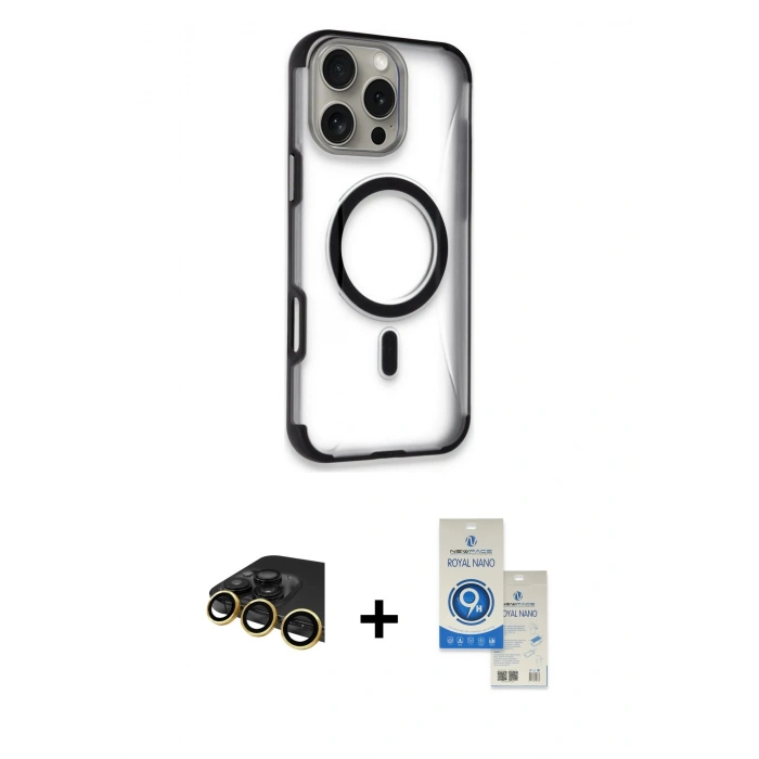 MARSİLYAN™- iPhone 14 Pro Max Kılıf Eksen Klasik Koleksiyonu - Şeffaf Royal Nano Ekran Koruyucu + Raze Metal Kamera Lens - GD