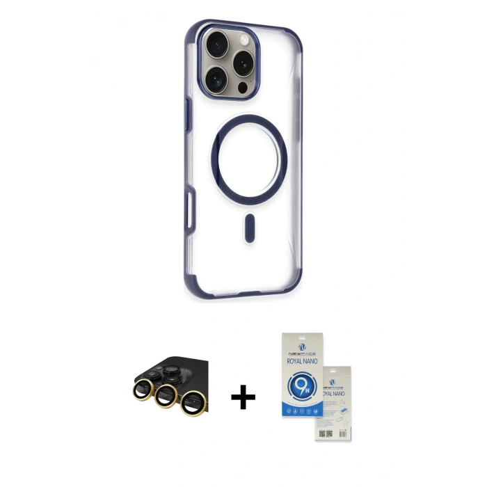 MARSİLYAN™- iPhone 14 Pro Max Kılıf Eksen Klasik Koleksiyonu - Şeffaf Royal Nano Ekran Koruyucu + Raze Metal Kamera Lens - GD