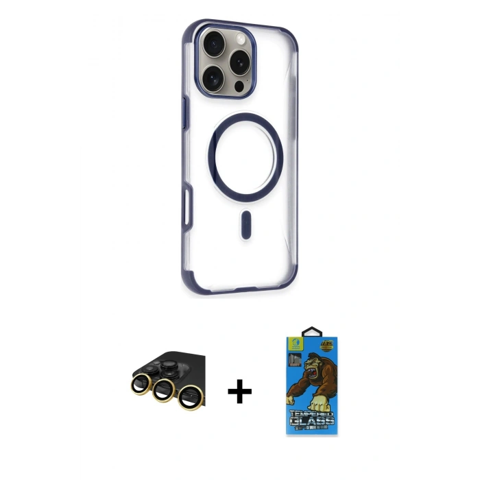 MARSİLYAN™- iPhone 14 Pro Max Kılıf Eksen Klasik Koleksiyonu - Siyah 18D Cam Ekran Koruyucu + Gold Raze Metal Kamera Lens