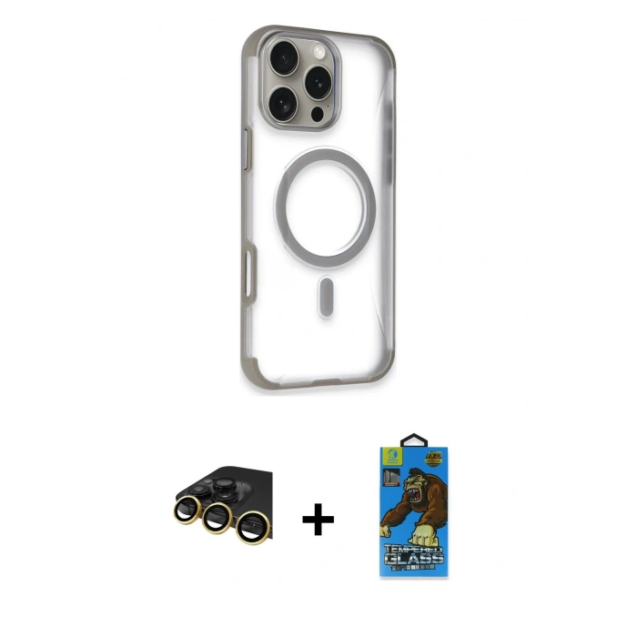 MARSİLYAN™- iPhone 14 Pro Max Kılıf Eksen Klasik Koleksiyonu - Siyah 18D Cam Ekran Koruyucu + Gold Raze Metal Kamera Lens