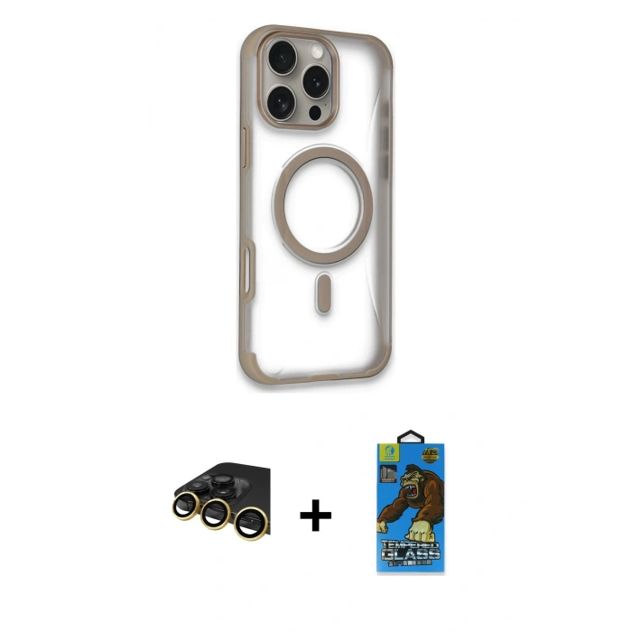 MARSİLYAN™- iPhone 14 Pro Max Kılıf Eksen Klasik Koleksiyonu - Siyah 18D Cam Ekran Koruyucu + Gold Raze Metal Kamera Lens