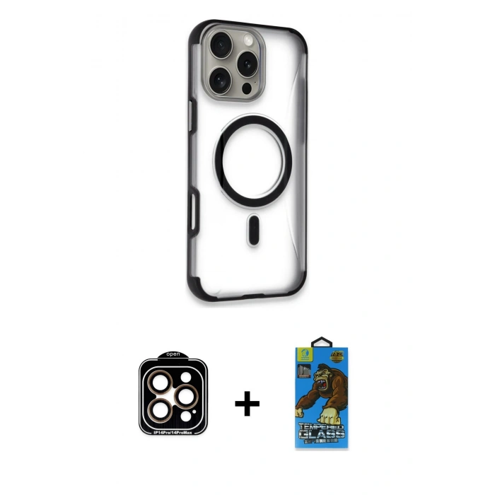 MARSİLYAN™- iPhone 14 Pro Max Kılıf Eksen Klasik Koleksiyonu - Siyah 18D Cam Ekran Koruyucu + PVD Metal Kamera Lens - TU