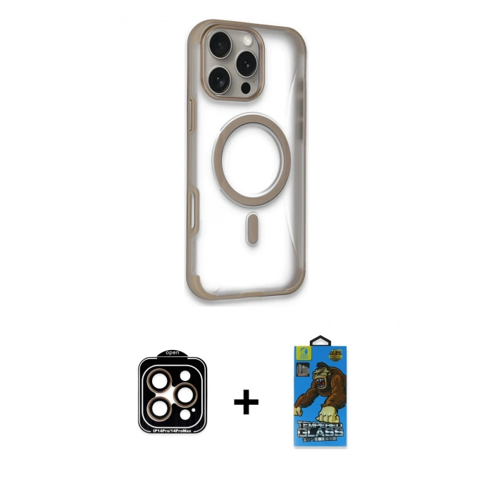 MARSİLYAN™- iPhone 14 Pro Max Kılıf Eksen Klasik Koleksiyonu - Siyah 18D Cam Ekran Koruyucu + PVD Metal Kamera Lens - TU