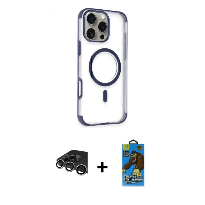 MARSİLYAN™- iPhone 14 Pro Max Kılıf Eksen Klasik Koleksiyonu - Siyah 18D Cam Ekran Koruyucu + Raze Metal Kamera Lens - GS