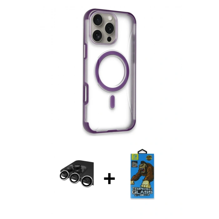 MARSİLYAN™- iPhone 14 Pro Max Kılıf Eksen Klasik Koleksiyonu - Siyah 18D Cam Ekran Koruyucu + Raze Metal Kamera Lens - GS