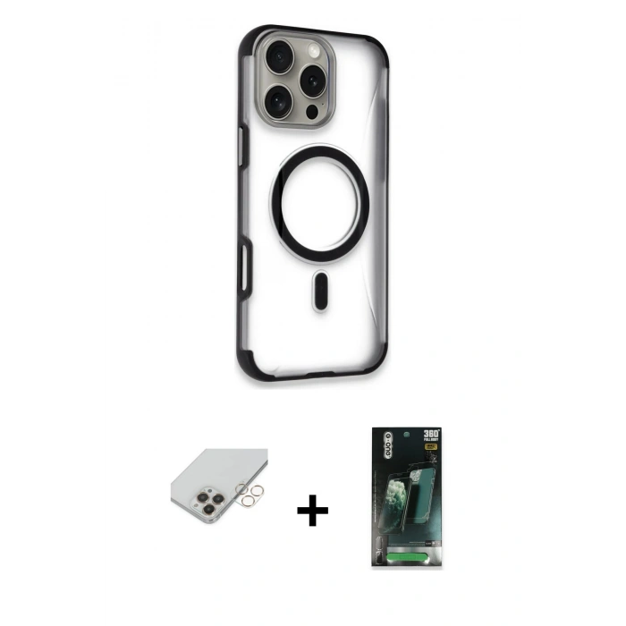 MARSİLYAN™- iPhone 14 Pro Max Kılıf Eksen Klasik Koleksiyonu - Siyah 360 Mat Full Body Arka Koruyucu + Band Metal Kamera Lens - GD