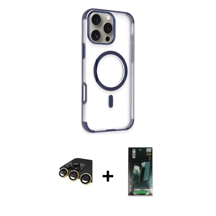 MARSİLYAN™- iPhone 14 Pro Max Kılıf Eksen Klasik Koleksiyonu - Siyah 360 Mat Full Body Arka Koruyucu + Gold Raze Metal Kamera Lens
