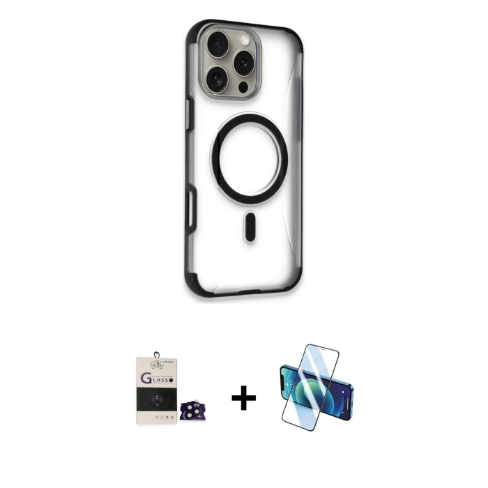 MARSİLYAN™- iPhone 14 Pro Max Kılıf Eksen Klasik Koleksiyonu - Siyah 3D Antistatik Cam Ekran Koruyucu + Bilvis Titan Kamera Lens - SH