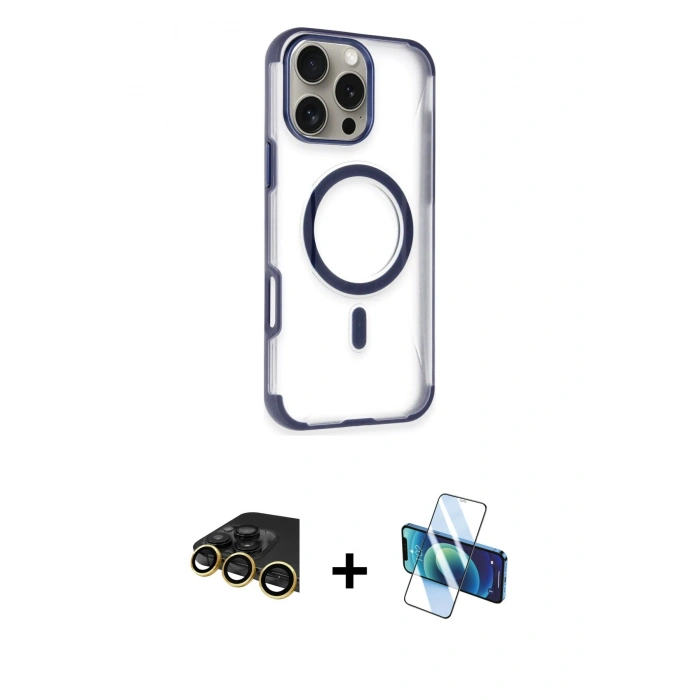 MARSİLYAN™- iPhone 14 Pro Max Kılıf Eksen Klasik Koleksiyonu - Siyah 3D Antistatik Cam Ekran Koruyucu + Raze Metal Kamera Lens - GD