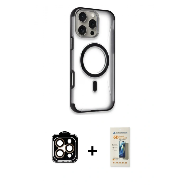 MARSİLYAN™- iPhone 14 Pro Max Kılıf Eksen Klasik Koleksiyonu - Siyah 6D Mat Seramik Hayalet Nano Ekran Koruyucu + PVD Metal Kamera Lens - TU