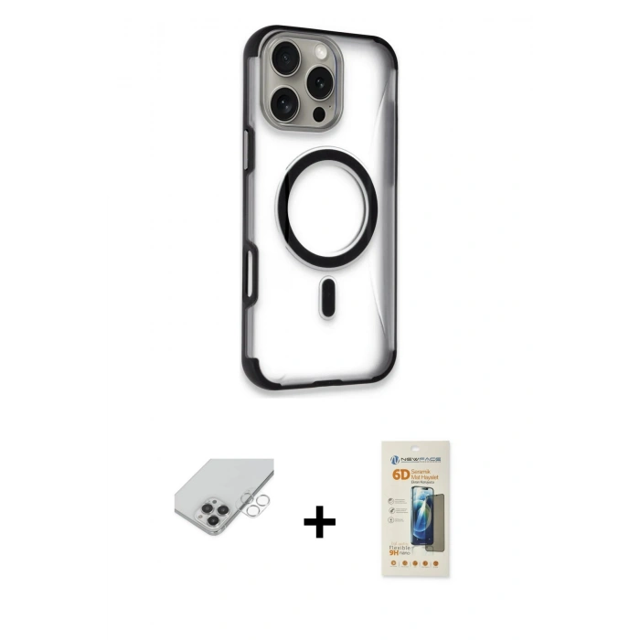 MARSİLYAN™- iPhone 14 Pro Max Kılıf Eksen Klasik Koleksiyonu - Siyah 6D Mat Seramik Hayalet Nano Ekran Koruyucu + Band Metal Kamera Lens - GS