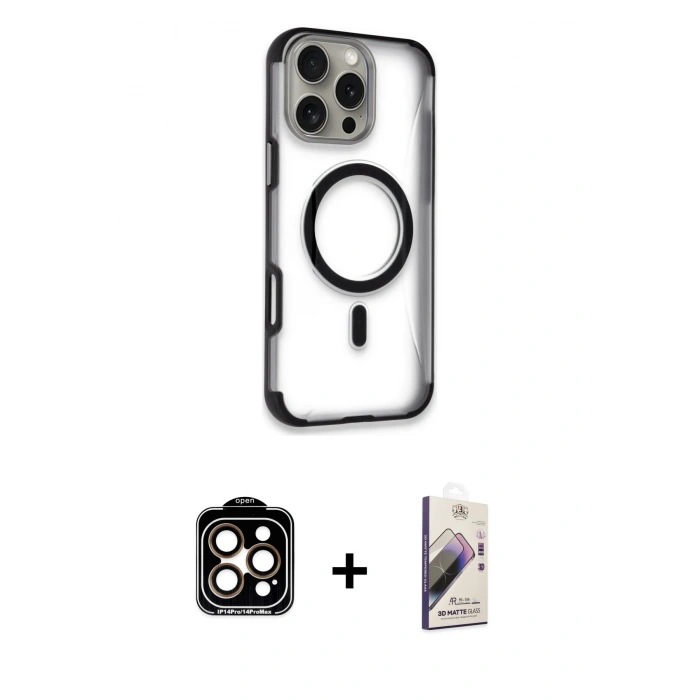 MARSİLYAN™- iPhone 14 Pro Max Kılıf Eksen Klasik Koleksiyonu - Siyah Bilvis 3D Mat Cam Ekran Koruyucu + PVD Metal Kamera Lens - TU