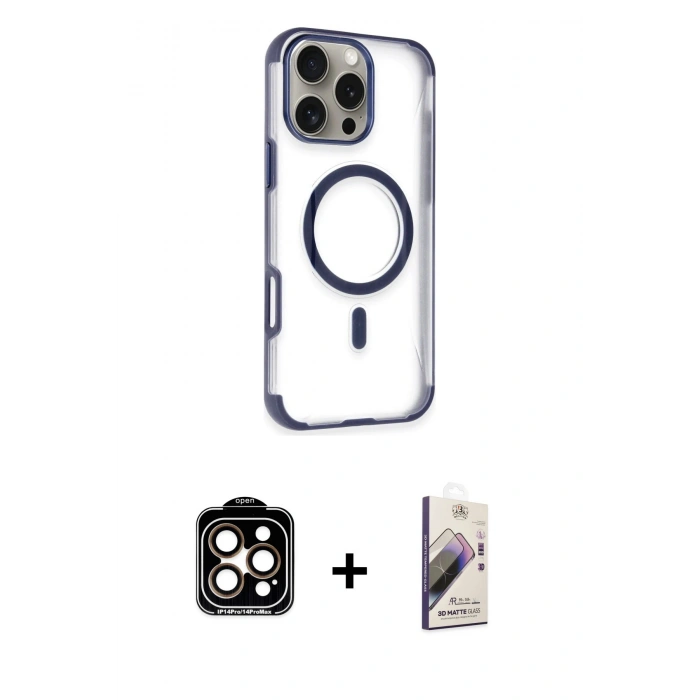 MARSİLYAN™- iPhone 14 Pro Max Kılıf Eksen Klasik Koleksiyonu - Siyah Bilvis 3D Mat Cam Ekran Koruyucu + PVD Metal Kamera Lens - TU