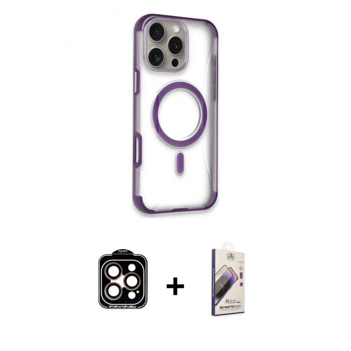 MARSİLYAN™- iPhone 14 Pro Max Kılıf Eksen Klasik Koleksiyonu - Siyah Bilvis 3D Mat Cam Ekran Koruyucu + PVD Metal Kamera Lens - TU