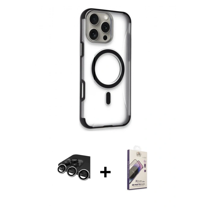 MARSİLYAN™- iPhone 14 Pro Max Kılıf Eksen Klasik Koleksiyonu - Siyah Bilvis 3D Mat Cam Ekran Koruyucu + Raze Metal Kamera Lens - GS