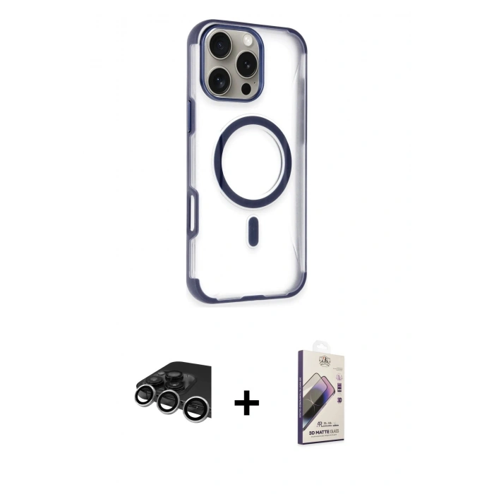 MARSİLYAN™- iPhone 14 Pro Max Kılıf Eksen Klasik Koleksiyonu - Siyah Bilvis 3D Mat Cam Ekran Koruyucu + Raze Metal Kamera Lens - GS