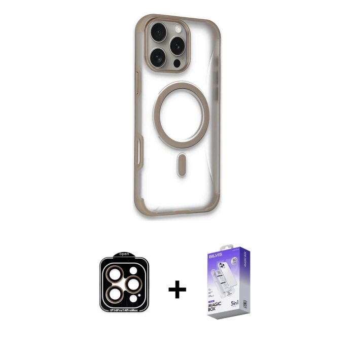 MARSİLYAN™- iPhone 14 Pro Max Kılıf Eksen Klasik Koleksiyonu - Siyah Bilvis 5in1 3D Magic Cam Ekran Koruyucu + PVD Metal Kamera Lens - TU