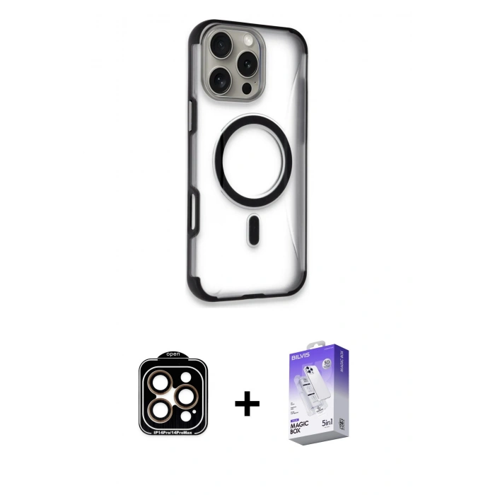 MARSİLYAN™- iPhone 14 Pro Max Kılıf Eksen Klasik Koleksiyonu - Siyah Bilvis 5in1 3D Magic Cam Ekran Koruyucu + PVD Metal Kamera Lens - TU