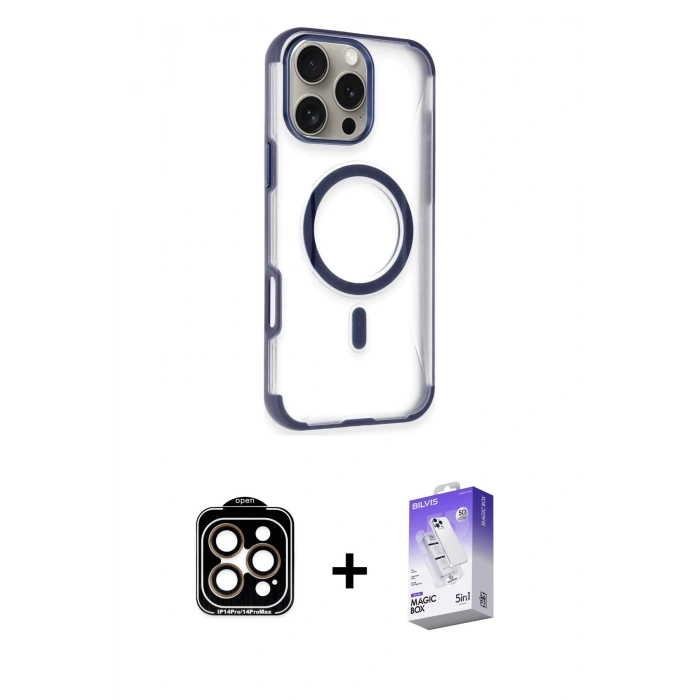 MARSİLYAN™- iPhone 14 Pro Max Kılıf Eksen Klasik Koleksiyonu - Siyah Bilvis 5in1 3D Magic Cam Ekran Koruyucu + PVD Metal Kamera Lens - TU
