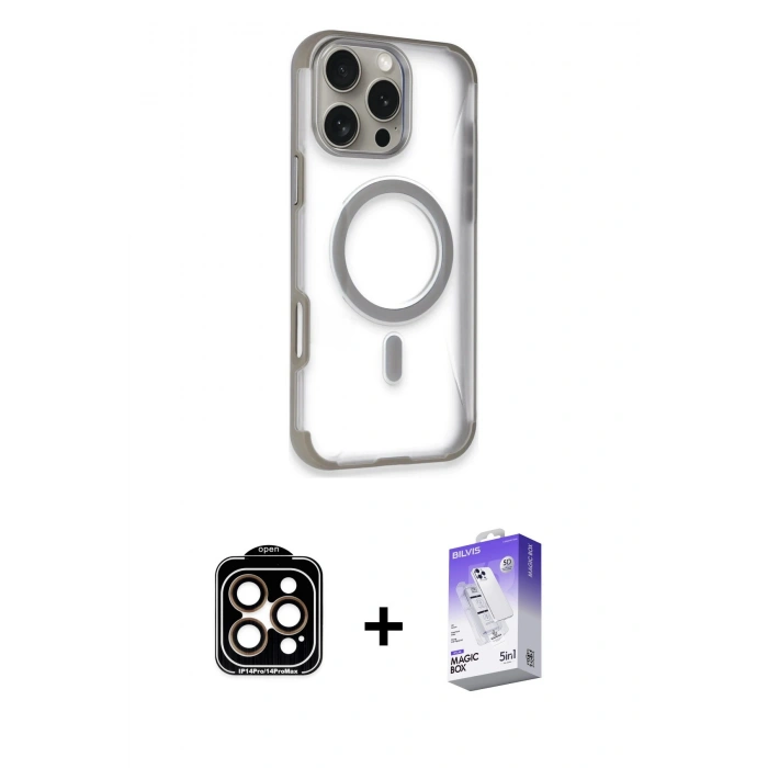 MARSİLYAN™- iPhone 14 Pro Max Kılıf Eksen Klasik Koleksiyonu - Siyah Bilvis 5in1 3D Magic Cam Ekran Koruyucu + PVD Metal Kamera Lens - TU
