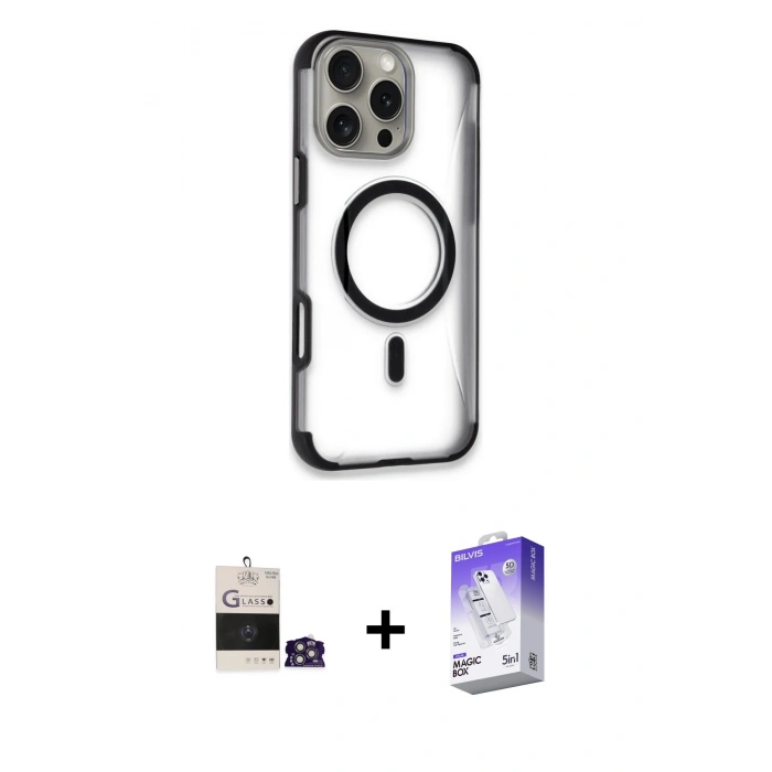 MARSİLYAN™- iPhone 14 Pro Max Kılıf Eksen Klasik Koleksiyonu - Siyah Bilvis 5in1 3D Magic Cam Ekran Koruyucu + Gümüş Bilvis Titan Kamera Lens