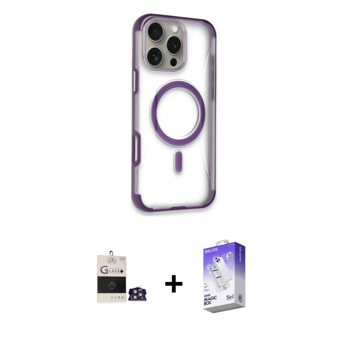 MARSİLYAN™- iPhone 14 Pro Max Kılıf Eksen Klasik Koleksiyonu - Siyah Bilvis 5in1 3D Magic Cam Ekran Koruyucu + Gümüş Bilvis Titan Kamera Lens