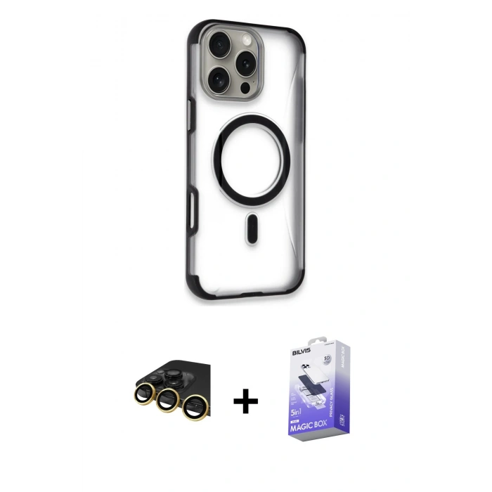MARSİLYAN™- iPhone 14 Pro Max Kılıf Eksen Klasik Koleksiyonu - Siyah Bilvis 5in1 5D Magic Hayalet Cam Ekran Koruyucu + Gold Raze Metal Kamera Lens