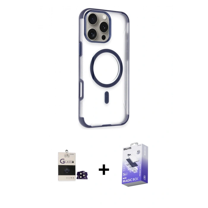 MARSİLYAN™- iPhone 14 Pro Max Kılıf Eksen Klasik Koleksiyonu - Siyah Bilvis 5in1 5D Magic Hayalet Cam Ekran Koruyucu + Bilvis Titan Kamera Lens - SH