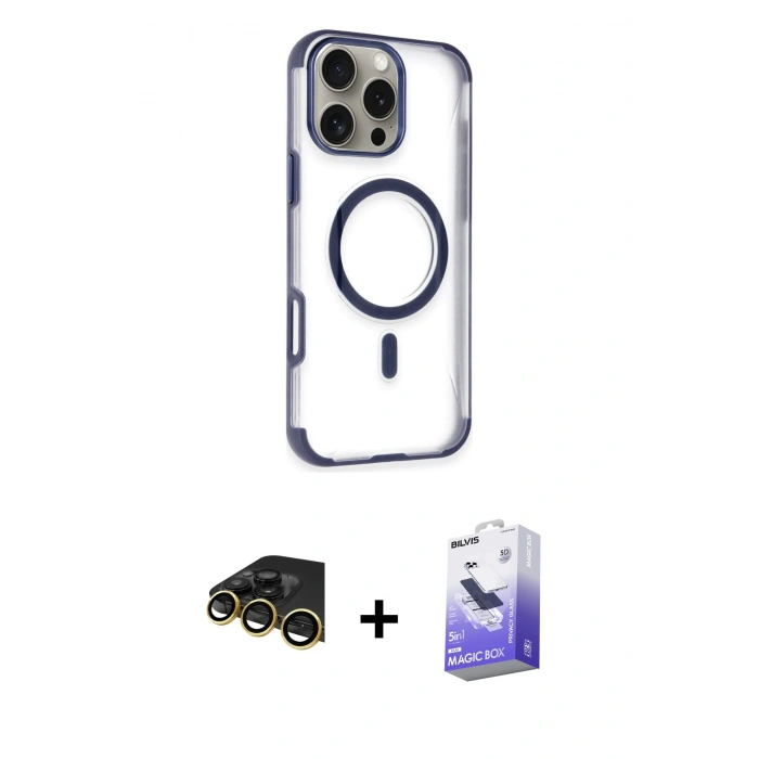 MARSİLYAN™- iPhone 14 Pro Max Kılıf Eksen Klasik Koleksiyonu - Siyah Bilvis 5in1 5D Magic Hayalet Cam Ekran Koruyucu + Raze Metal Kamera Lens - GD