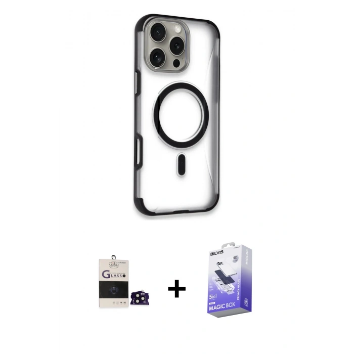 MARSİLYAN™- iPhone 14 Pro Max Kılıf Eksen Klasik Koleksiyonu - Siyah Bilvis 5in1 5D Magic Hayalet Cam Ekran Koruyucu + Bilvis Titan Kamera Lens - SH