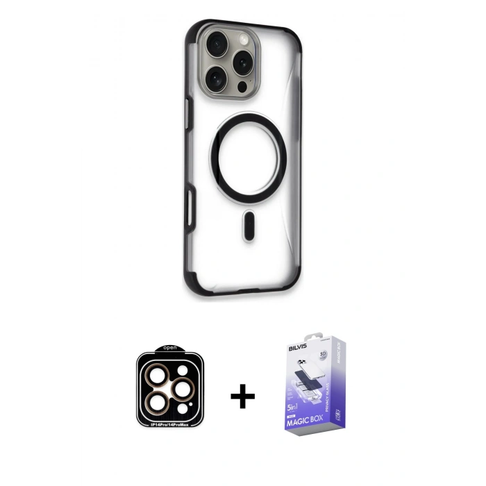 MARSİLYAN™- iPhone 14 Pro Max Kılıf Eksen Klasik Koleksiyonu - Siyah Bilvis 5in1 5D Magic Hayalet Cam Ekran Koruyucu + PVD Metal Kamera Lens - TU