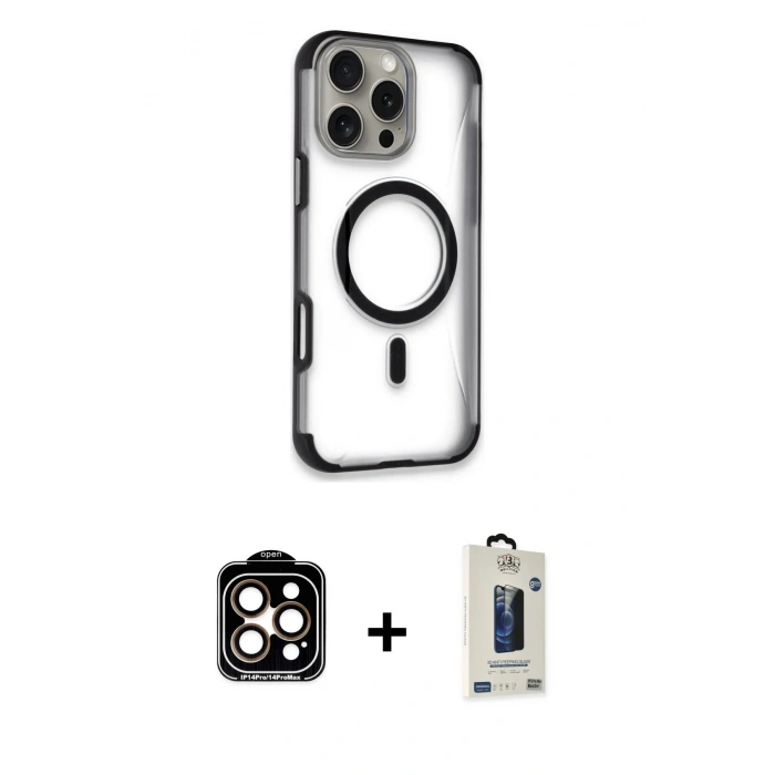 MARSİLYAN™- iPhone 14 Pro Max Kılıf Eksen Klasik Koleksiyonu - Siyah Bilvis Hayalet Cam Ekran Koruyucu + PVD Metal Kamera Lens - TU