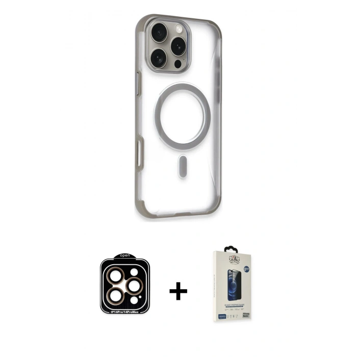 MARSİLYAN™- iPhone 14 Pro Max Kılıf Eksen Klasik Koleksiyonu - Siyah Bilvis Hayalet Cam Ekran Koruyucu + PVD Metal Kamera Lens - TU