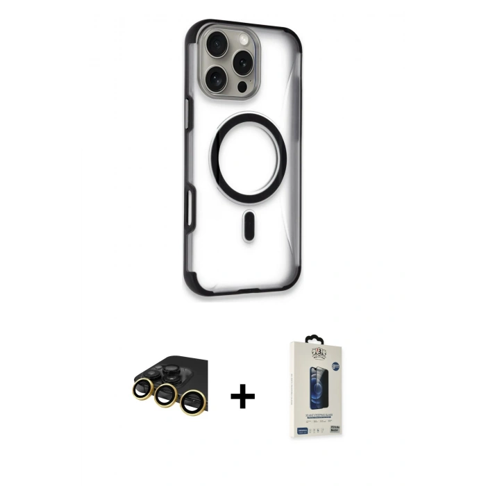 MARSİLYAN™- iPhone 14 Pro Max Kılıf Eksen Klasik Koleksiyonu - Siyah Bilvis Hayalet Cam Ekran Koruyucu + Raze Metal Kamera Lens - GD