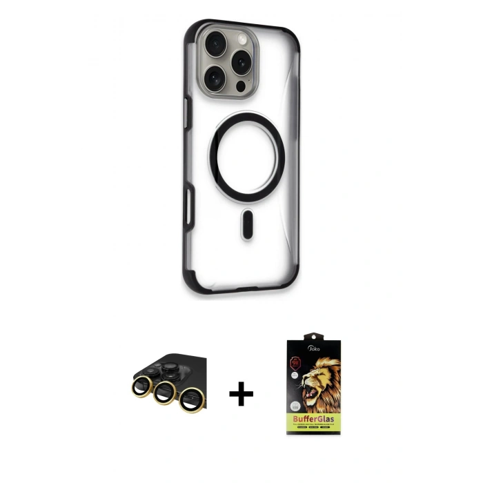 MARSİLYAN™- iPhone 14 Pro Max Kılıf Eksen Klasik Koleksiyonu - Siyah Buffer Cam Ekran Koruyucu + Raze Metal Kamera Lens - GD