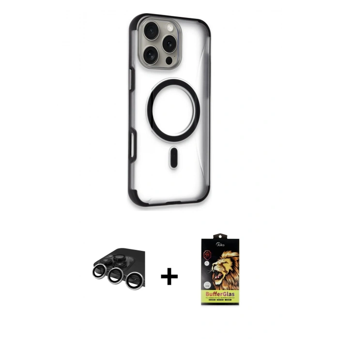 MARSİLYAN™- iPhone 14 Pro Max Kılıf Eksen Klasik Koleksiyonu - Siyah Buffer Cam Ekran Koruyucu + Raze Metal Kamera Lens - GS