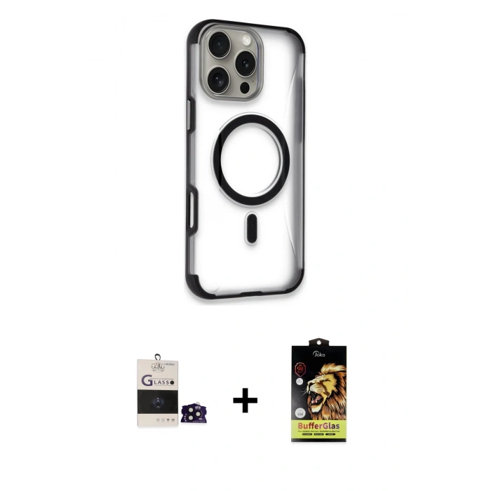 MARSİLYAN™- iPhone 14 Pro Max Kılıf Eksen Klasik Koleksiyonu - Siyah Buffer Cam Ekran Koruyucu + Siyah Bilvis Titan Kamera Lens