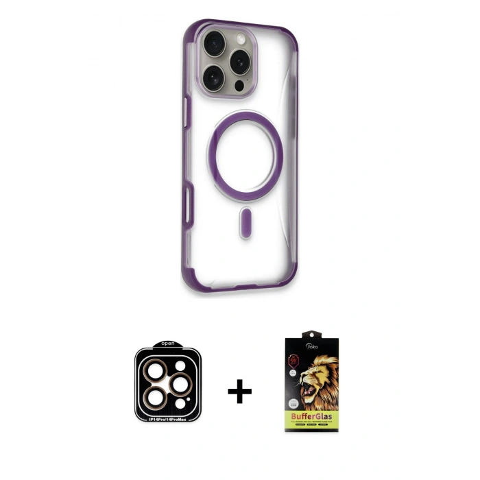 MARSİLYAN™- iPhone 14 Pro Max Kılıf Eksen Klasik Koleksiyonu - Siyah Buffer Cam Ekran Koruyucu + PVD Metal Kamera Lens - TU