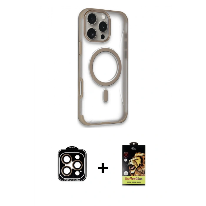 MARSİLYAN™- iPhone 14 Pro Max Kılıf Eksen Klasik Koleksiyonu - Siyah Buffer Cam Ekran Koruyucu + PVD Metal Kamera Lens - TU