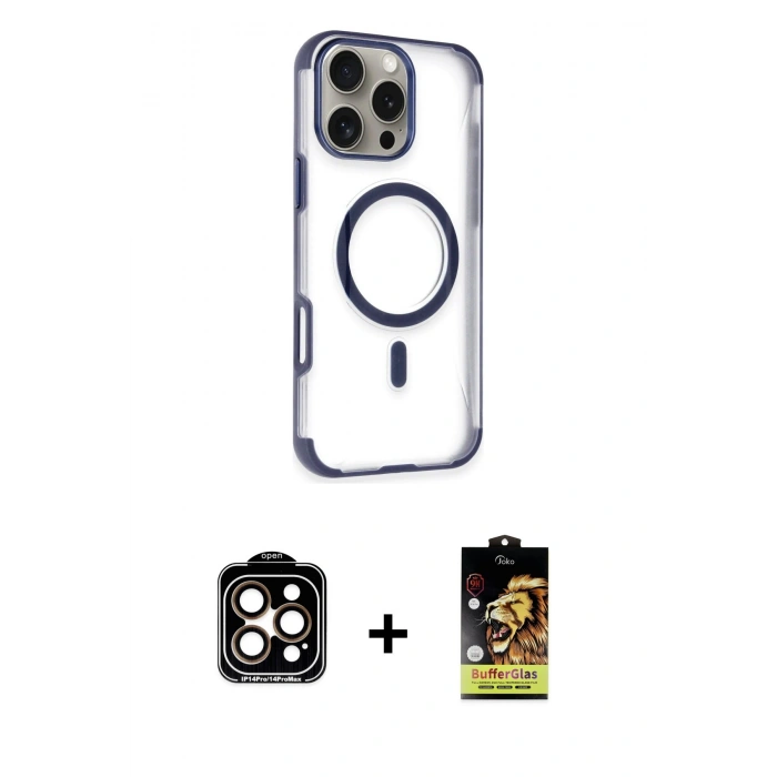 MARSİLYAN™- iPhone 14 Pro Max Kılıf Eksen Klasik Koleksiyonu - Siyah Buffer Cam Ekran Koruyucu + PVD Metal Kamera Lens - TU