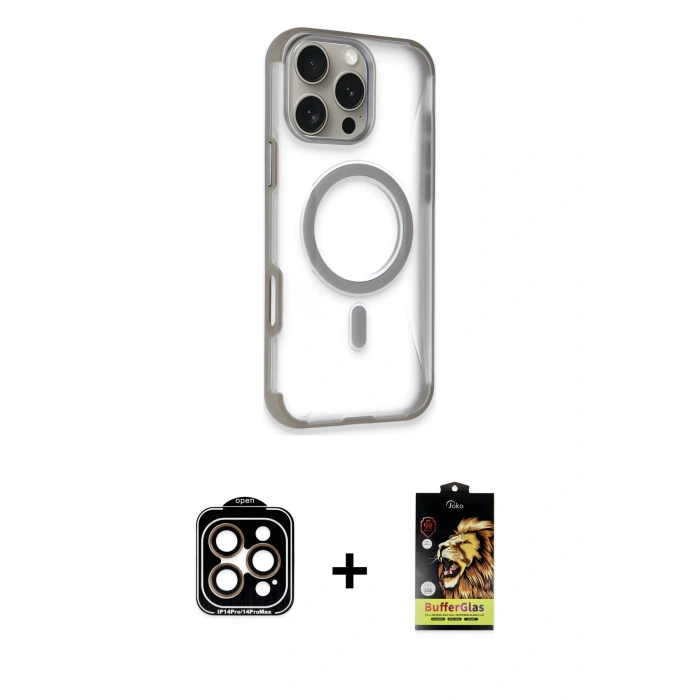MARSİLYAN™- iPhone 14 Pro Max Kılıf Eksen Klasik Koleksiyonu - Siyah Buffer Cam Ekran Koruyucu + PVD Metal Kamera Lens - TU