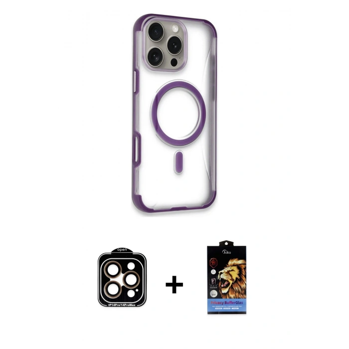 MARSİLYAN™- iPhone 14 Pro Max Kılıf Eksen Klasik Koleksiyonu - Siyah Buffer Hayalet Cam Ekran Koruyucu + Turuncu PVD Metal Kamera Lens