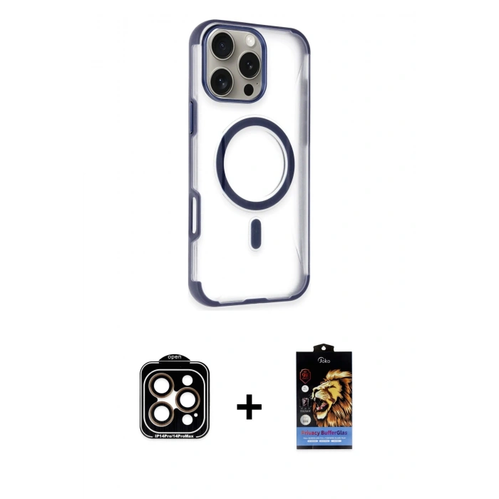 MARSİLYAN™- iPhone 14 Pro Max Kılıf Eksen Klasik Koleksiyonu - Siyah Buffer Hayalet Cam Ekran Koruyucu + Turuncu PVD Metal Kamera Lens