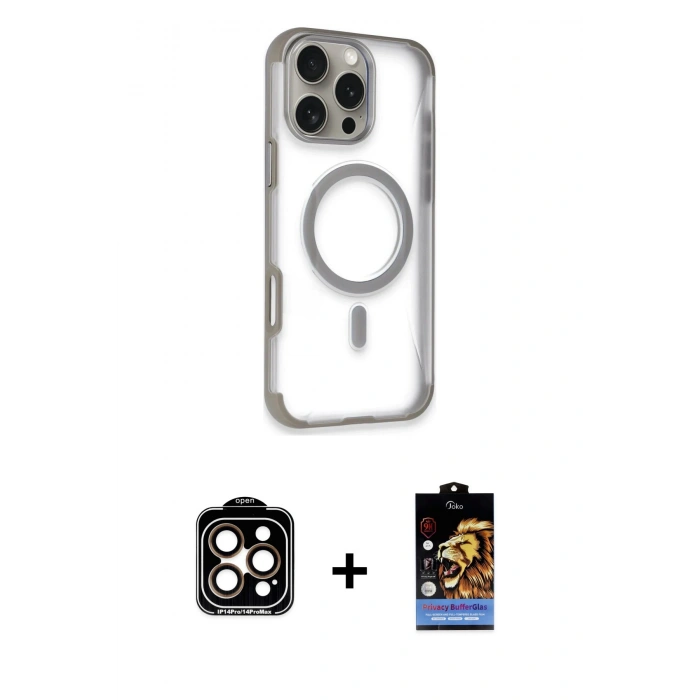 MARSİLYAN™- iPhone 14 Pro Max Kılıf Eksen Klasik Koleksiyonu - Siyah Buffer Hayalet Cam Ekran Koruyucu + Turuncu PVD Metal Kamera Lens