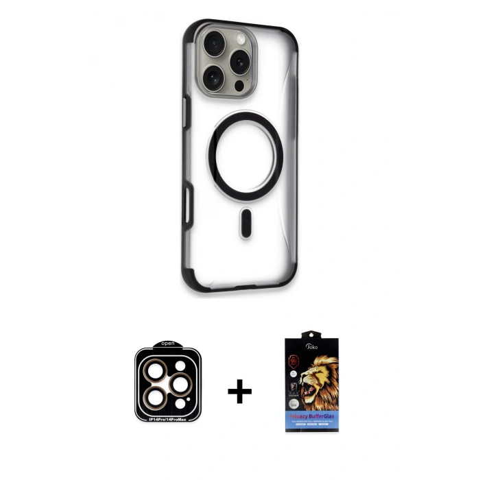 MARSİLYAN™- iPhone 14 Pro Max Kılıf Eksen Klasik Koleksiyonu - Siyah Buffer Hayalet Cam Ekran Koruyucu + Turuncu PVD Metal Kamera Lens