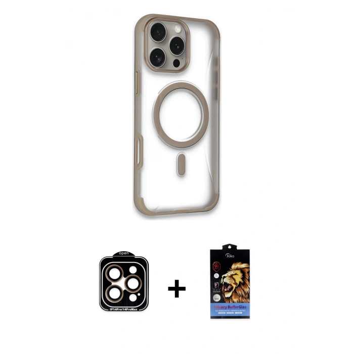 MARSİLYAN™- iPhone 14 Pro Max Kılıf Eksen Klasik Koleksiyonu - Siyah Buffer Hayalet Cam Ekran Koruyucu + Turuncu PVD Metal Kamera Lens