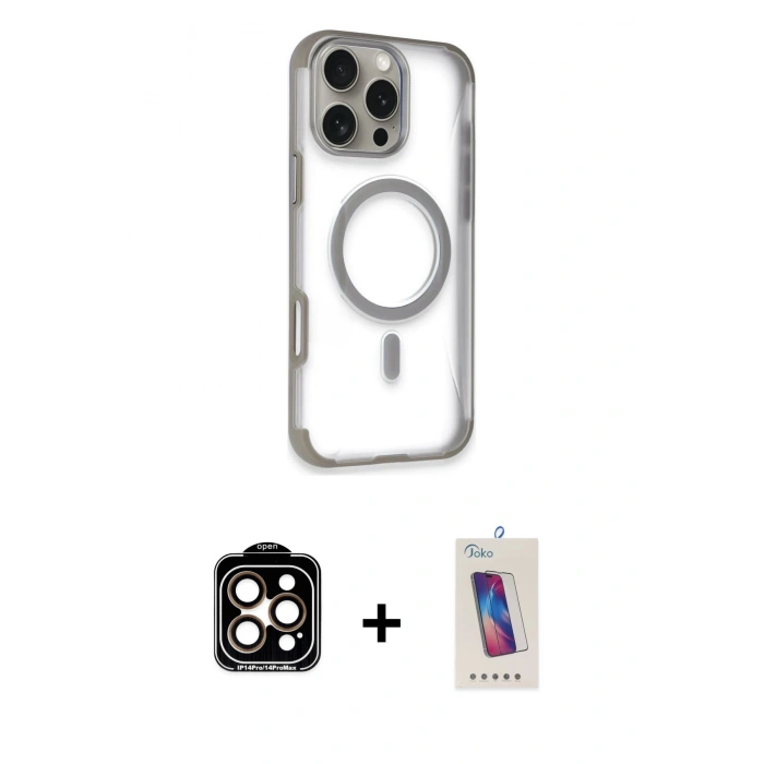 MARSİLYAN™- iPhone 14 Pro Max Kılıf Eksen Klasik Koleksiyonu - Siyah Joko 5D Cam + Turuncu PVD Metal Kamera Lens
