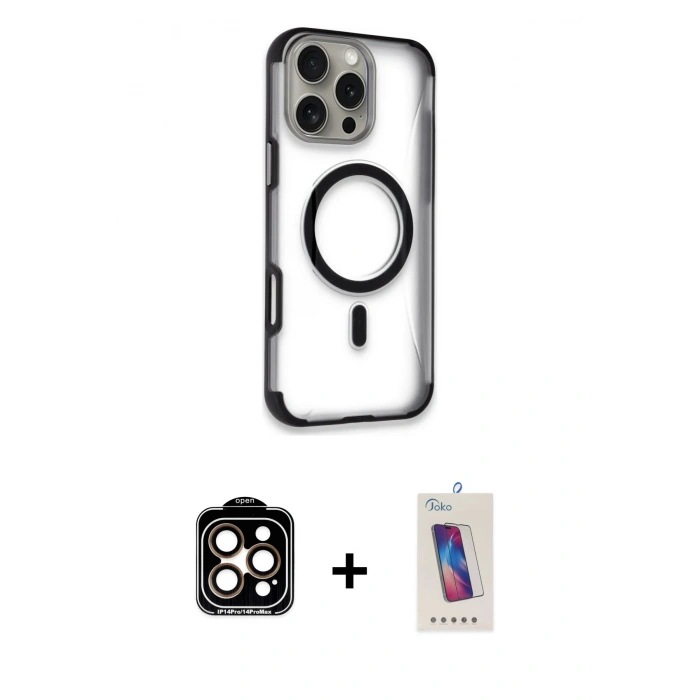 MARSİLYAN™- iPhone 14 Pro Max Kılıf Eksen Klasik Koleksiyonu - Siyah Joko 5D Cam + Turuncu PVD Metal Kamera Lens